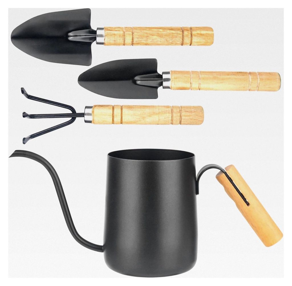 350ML Schwarze Gießkanne Klein für Zimmerpflanzen mit 3 Gartengeräten, Mini Gießkanne, Edelstahl mit langem Auslauf, Garten Gießkanne für Suk...