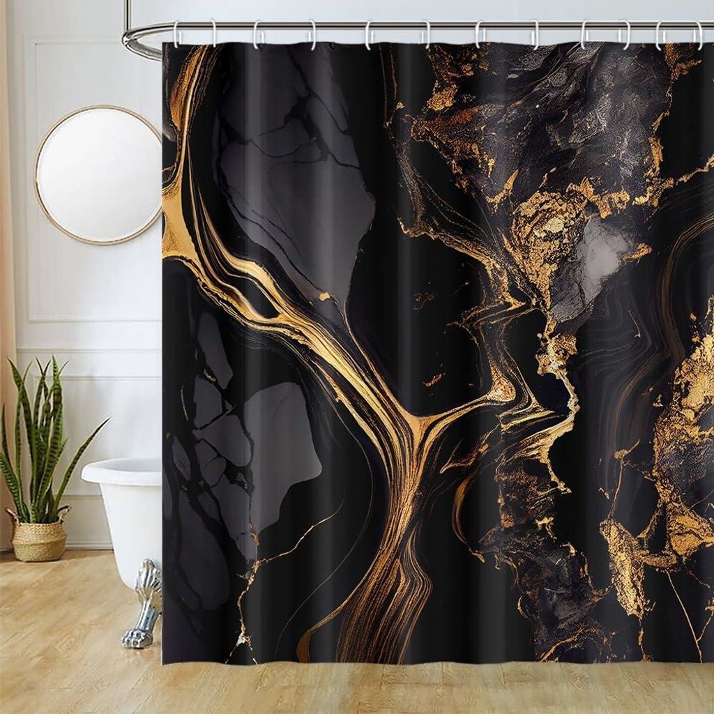 Schwarzer und goldener Duschvorhang, 180x200 cm, schimmelresistent mit Marmoroptik, abstraktes Marmormuster, waschbar, wasserdichter Polyester-Dusc...