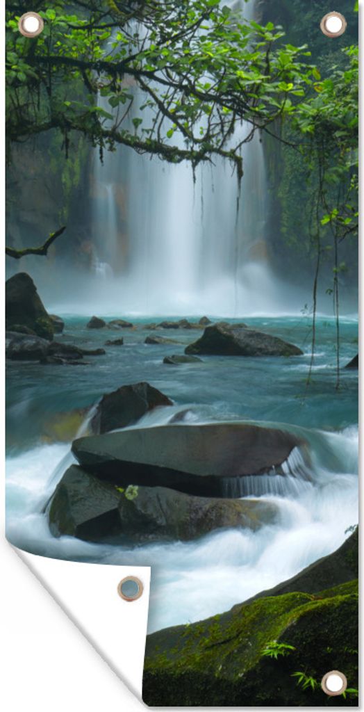 MuchoWow 30x60 cm Outdoor-Poster Gartendeko Sichtschutz Garten Poster für den Garten Leuchtend blauer Wildfluss und Wasserfälle im Regenwald v...