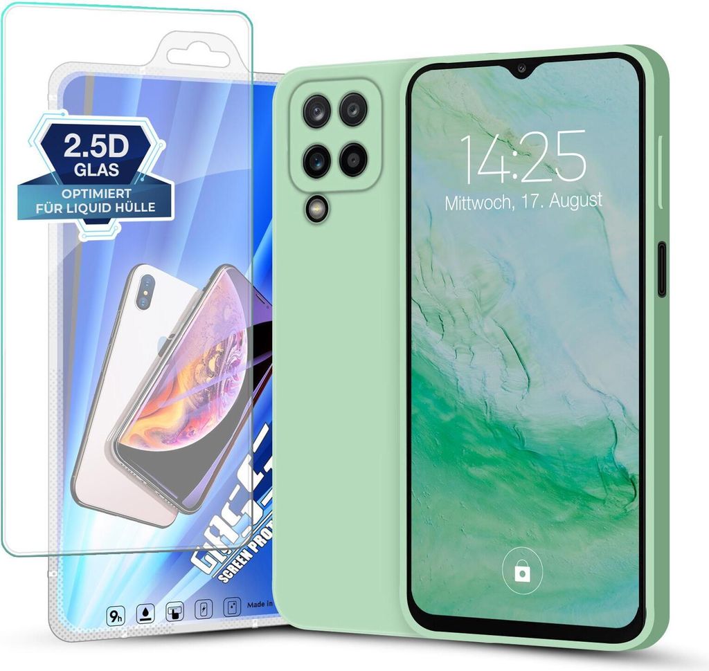 A smartphone case and screen protector are displayed together.