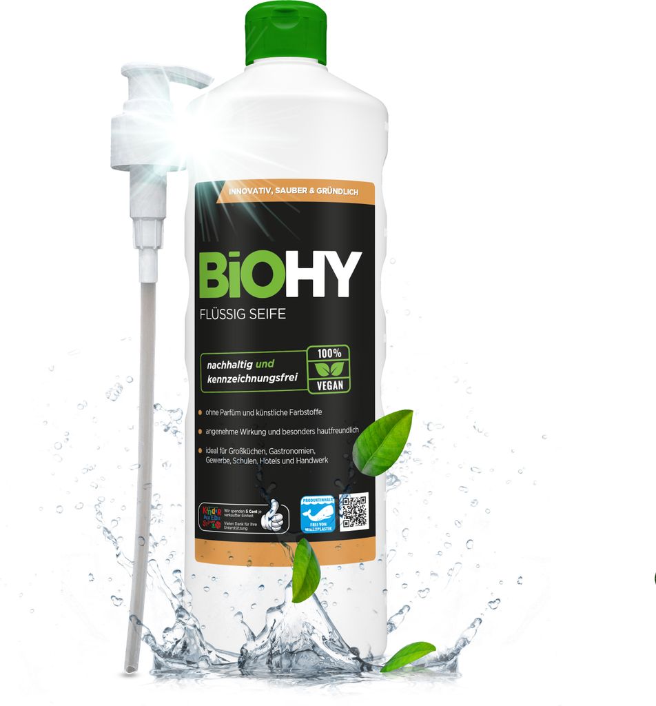 BiOHY Flüssig Seife (1l Flasche) + Pumpspender| Geruchsneutrale, hautschonende und rückfettende Handseife | PHOSPHATFREI | Ohne Parfüm und Farbs...