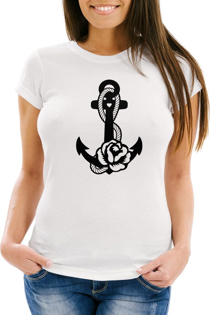 Damen T-Shirt Anker Blume Anchor Flower Slim Fit Neverless weiß XXL