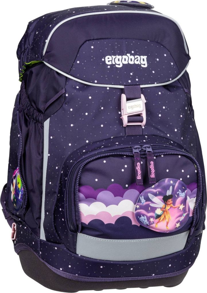 A purple backpack with a starry pattern and a fairy graphic.