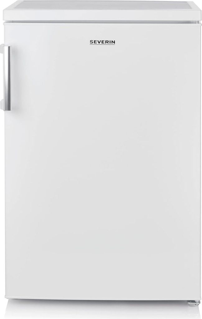 A white SEVERIN freestanding refrigerator.