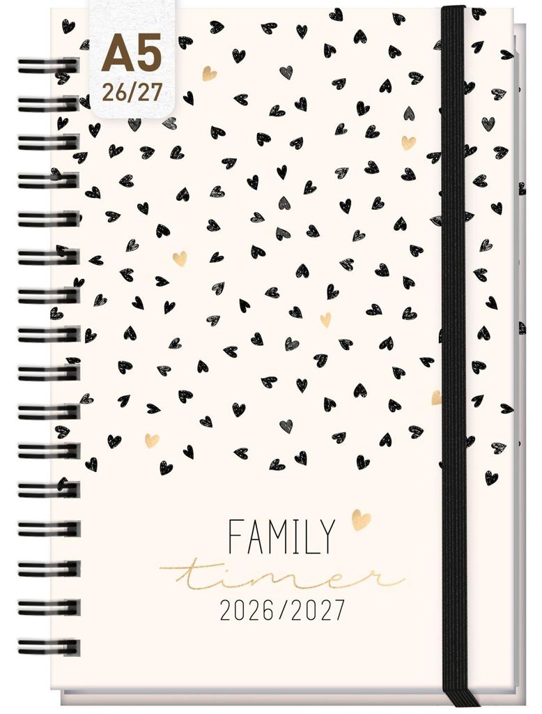 Family-Timer 2026/2027 / 17 Monate / A5 / Golden Hearts / Produktbild 