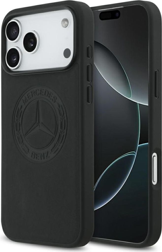 Hülle iPhone 17 Pro Max Mercedes Echtleder schwarz Vintage Logo MagSafe