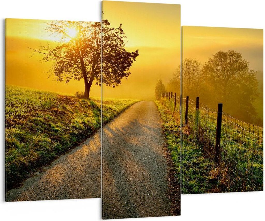 Bild auf Leinwand - Leinwandbild - Feld Straße Baum - 130x100cm - Wand Bild - Wanddeko - Leinwanddruck - Bilder - Kunstdruck - Wanddekoration - Le...