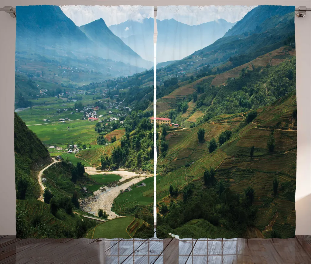 Rideau à fronces occultant vue vis-à-vis motif Vietnam 280 x 225 cm