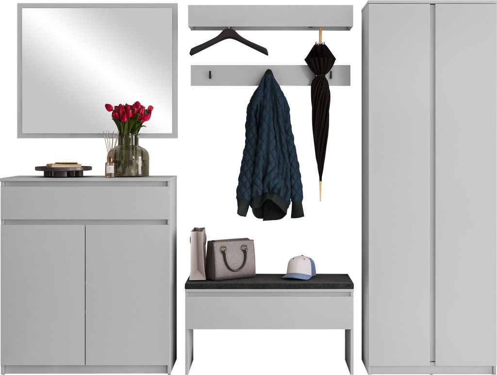MIRJAN24 Garderobe-Set Simply II, Garderobe & Flur, 6er-Set - Kleiderschrank, Kommode, Schrank, Spiegel, 2x Kleiderhaken (Farbe: Alpenweiß / Alpe...