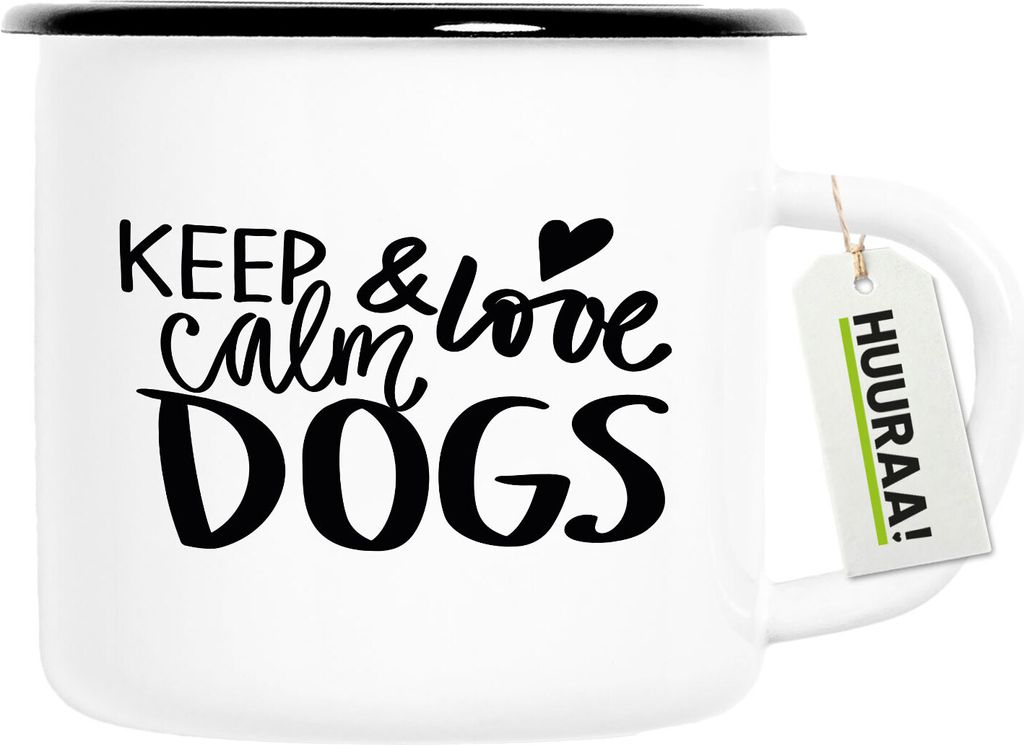 Huuraa Emaille Tasse Keep calm and love Dogs 300ml Vintage Campingbecher Geschenkidee