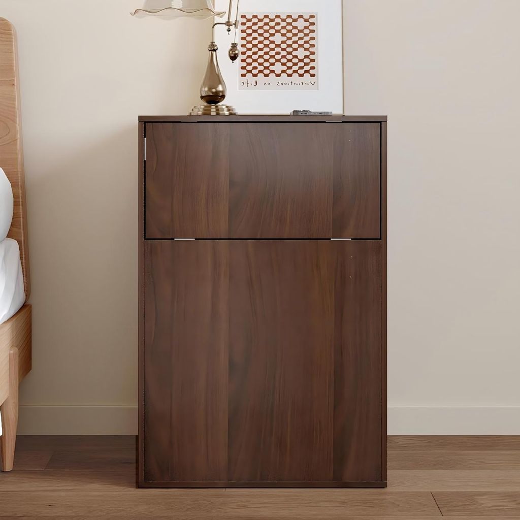 Nachttisch mit Kleiderstange, Kleiner Kleiderschrank mit Klapptür, Multifunktionaler Aufbewahrungsschrank, Dunkelbraun, MDF, 50×40×76 cm