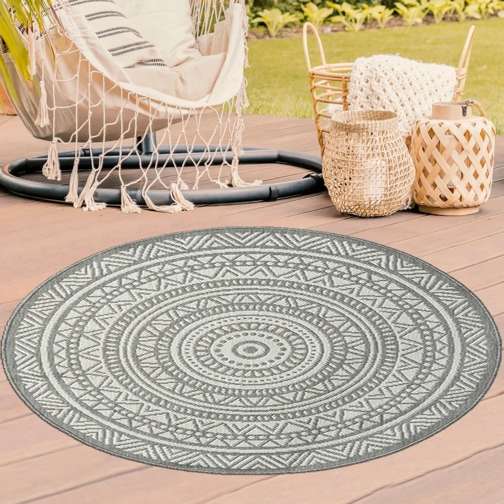 Tapis rond 120 cm à motif ethnique gris et blanc design moderne chic