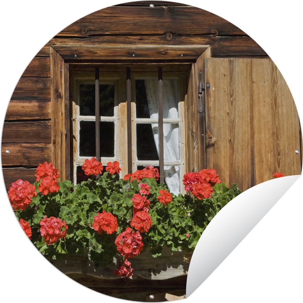 MuchoWow Gartenposter Outdoor-Poster Rund Fenster mit blühenden Geranien Ø 150 cm Gartendeko Rundes Poster draußen
