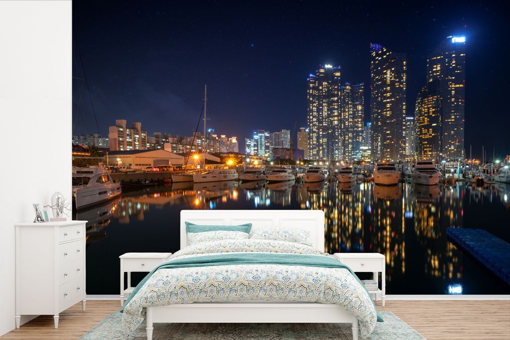 MuchoWow Fototapete für Wohnzimmer oder Schlafzimmer Wandtapete Vinyl Motivtapete Stadtbild von Busan am Abend - 330x220 cm - Fototapeten