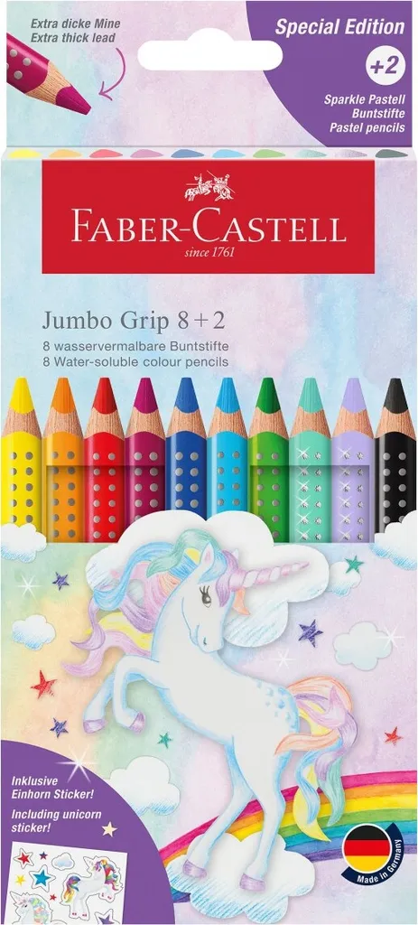 Set Matite Faber-Castell Jumbo Grip Unicorno 8+2: Colori Brillanti e Sicuri