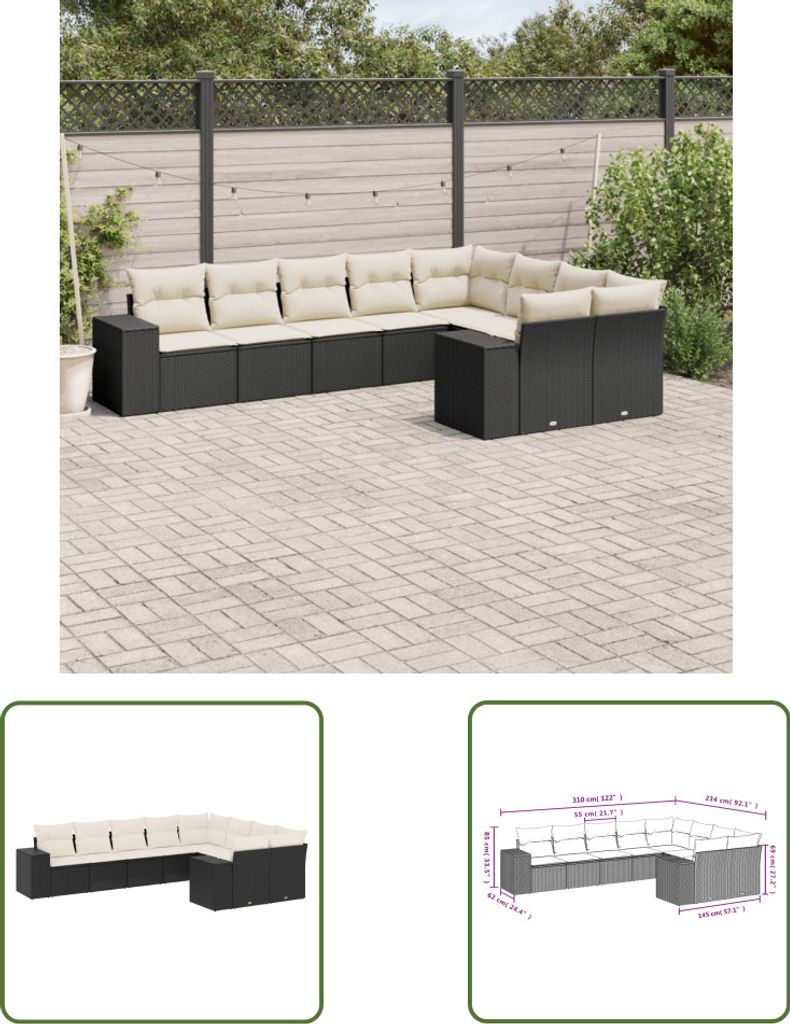 The Living Store 9-tlg. Garten-Sofagarnitur mit Kissen Schwarz Poly Rattan