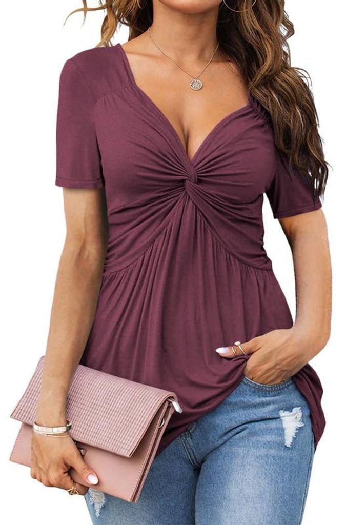 Imily Bela Womens Front Knotted V-Neck Blouse T Shirt Short Sleeve Oversized Tunic Tops Summer Solid Pullover Tees