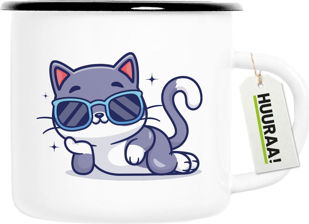 Huuraa Emaille Tasse Cool Cat Comic 300ml Vintage Campingbecher Geschenkidee
