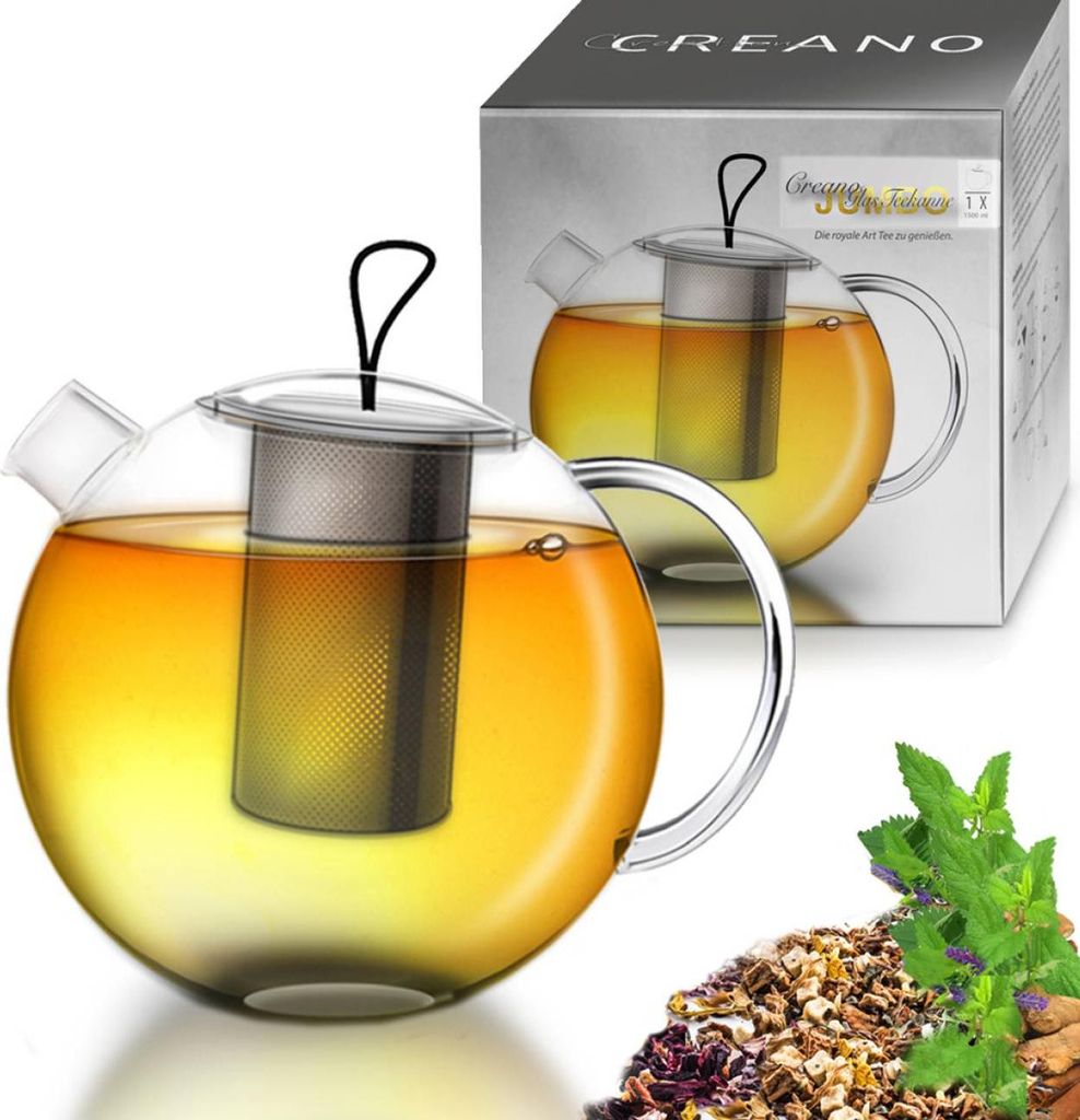 Creano Teekanne 1,5l Jumbo, 3-teilige Glasteekanne im Teekannenset mit integriertem Edelstahl-Sieb & Glas-Deckel, multifunktionale Design-Glas-Teek...