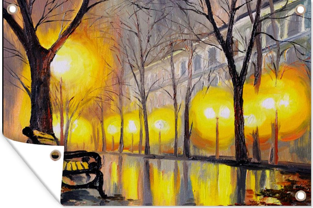 MuchoWow 90x60 cm Outdoor-Poster Gartendeko Sichtschutz Garten Poster für den Garten Malerei - Bank - Wasser - Licht - Öl