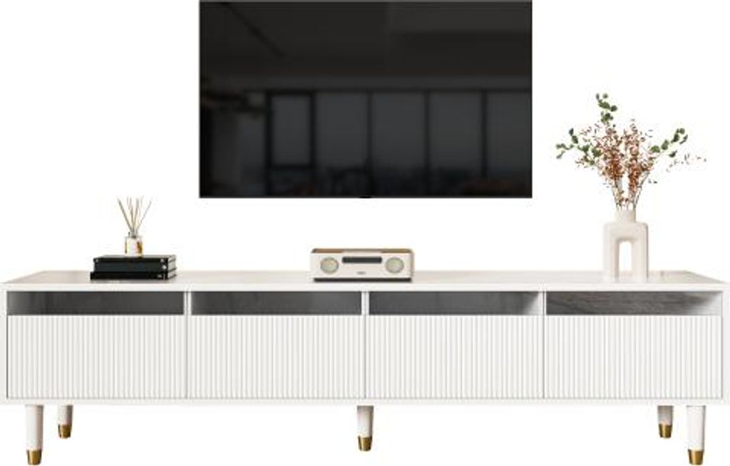 AIORBER Moderner weißer TV-Schrank 178 cm mit 4 Schubladen & Kabelmanagement – Minimalistisches Design aus MDF & Acryl – Weiß