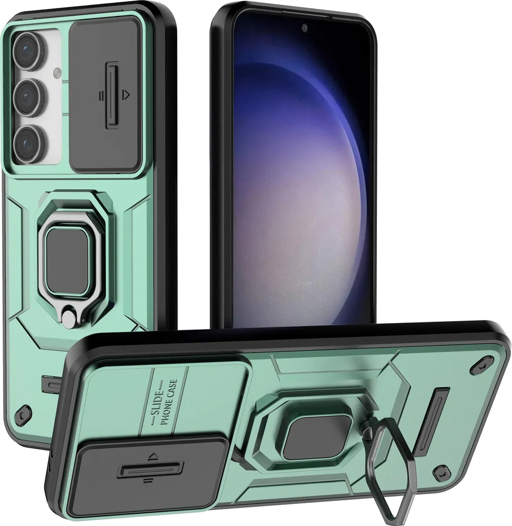 Custodia per Samsung Galaxy S24 FE a doppio strato con protezione scorrevole della fotocamera e supporto per anello, stand Verde