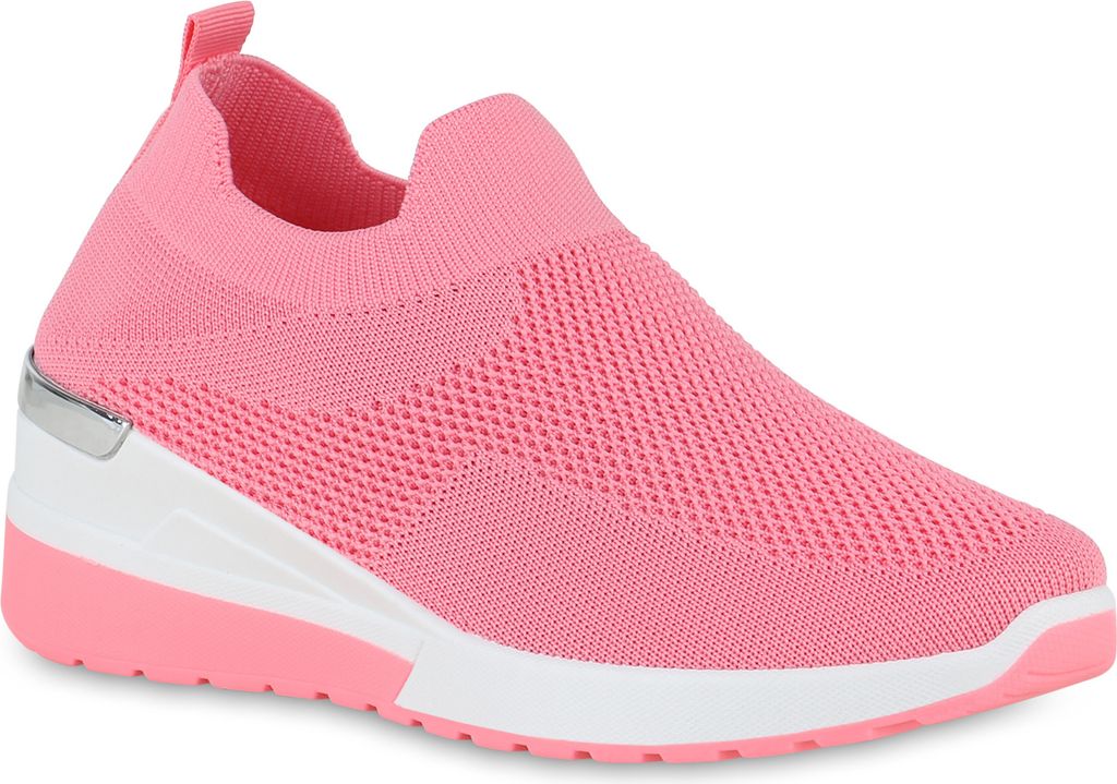 VAN HILL Damen Sportschuhe Slip Ons Keilabsatz Sportliche Strick Schuhe 840257, Farbe: Neon Pink, Größe: 38