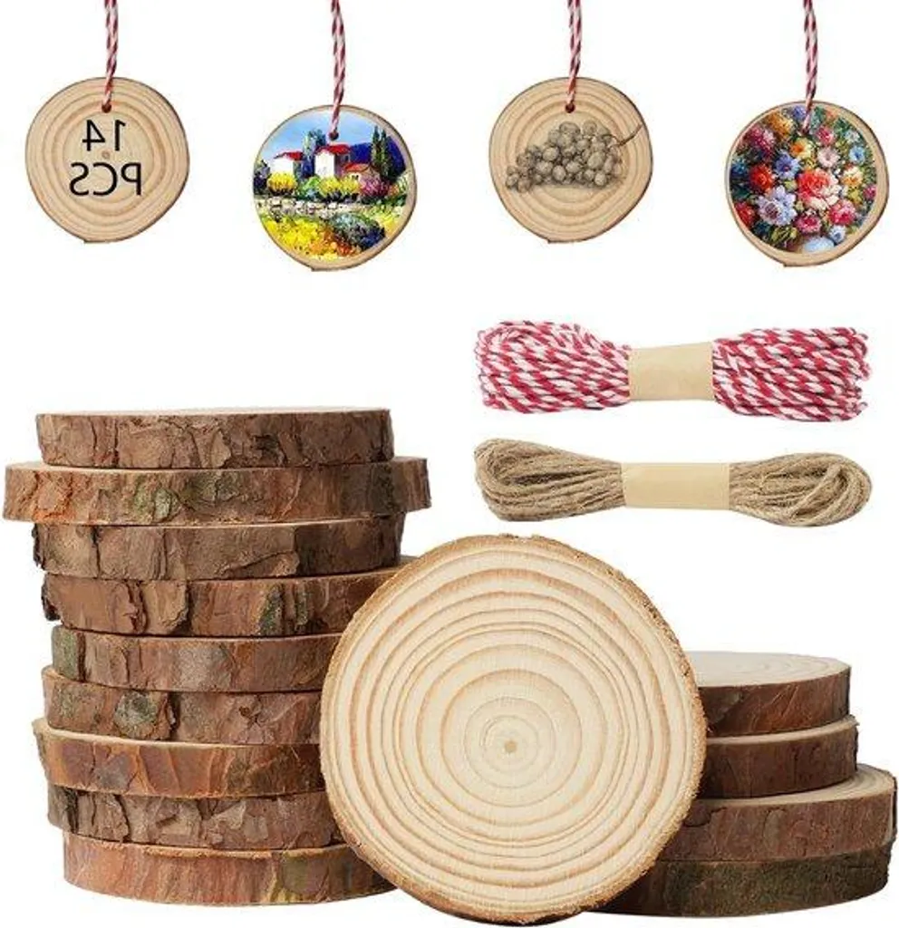 Disques en bois poncés 7-8 cm avec écorce et ficelle pour pyrogravure