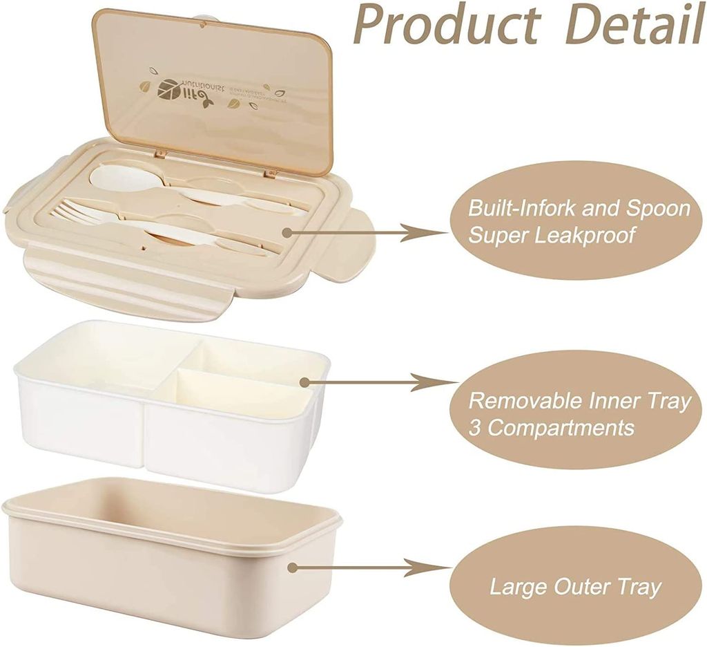 INTIRILIFE Bento Box Mit 3 Fächern – 18,5 X 10,5 X 9,3 Cm, Inkl. Besteck | Mikrowellengeeignet, Sicher Verschließbar Für Schule & Büro