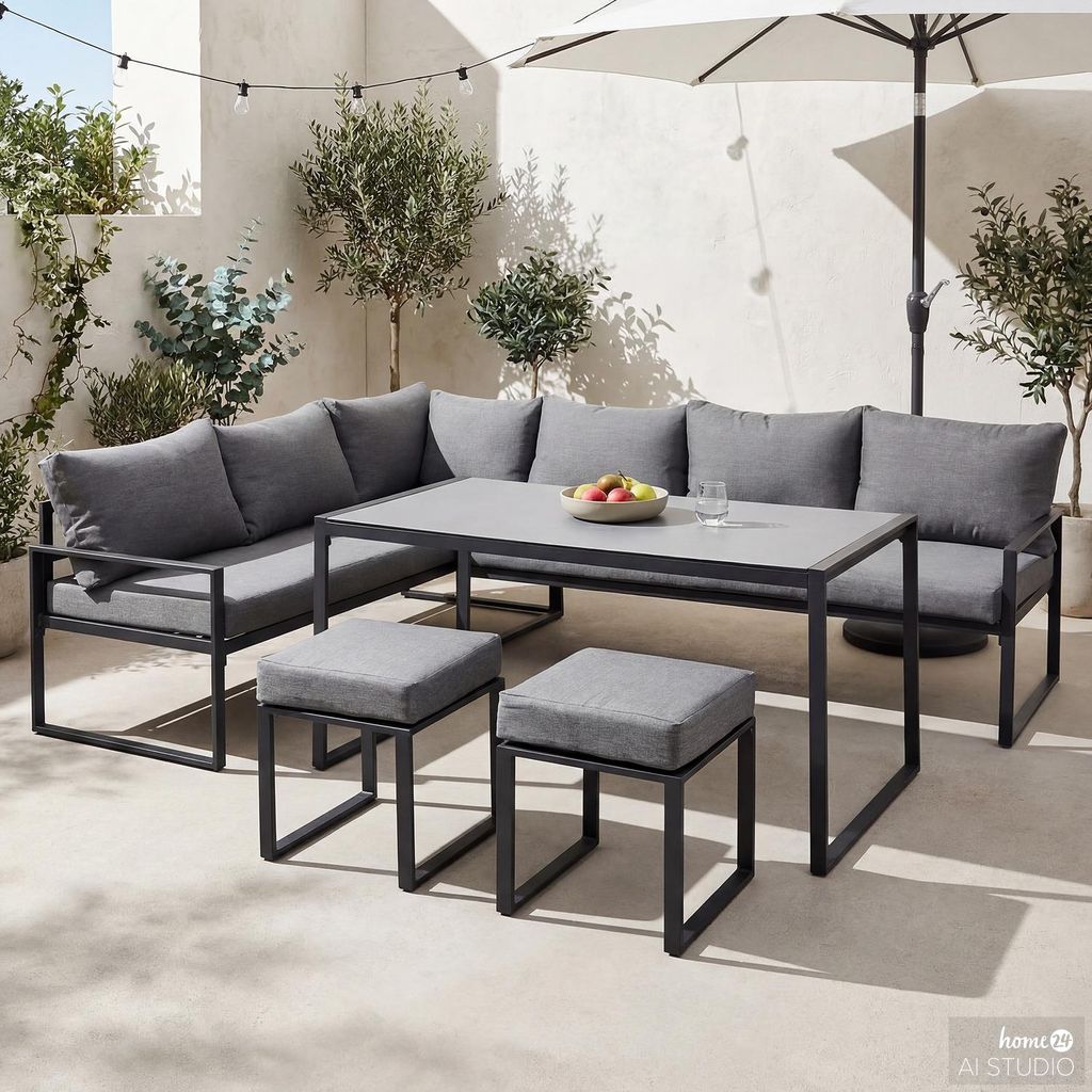 home24 Gartensitzgruppe - 5-teilig - Stahl / Polyester - Schwarz / Grau