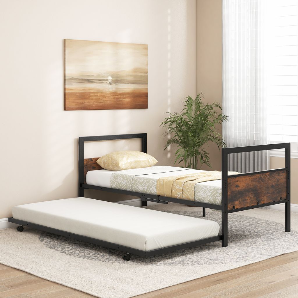 GOPLUS ausziehbares Metallbett 90x200cm, Ausziehbett mit Kopfteil & Fußteil, Bettgestell mit Lattenrost, Gästebett Metall, Einzelbett