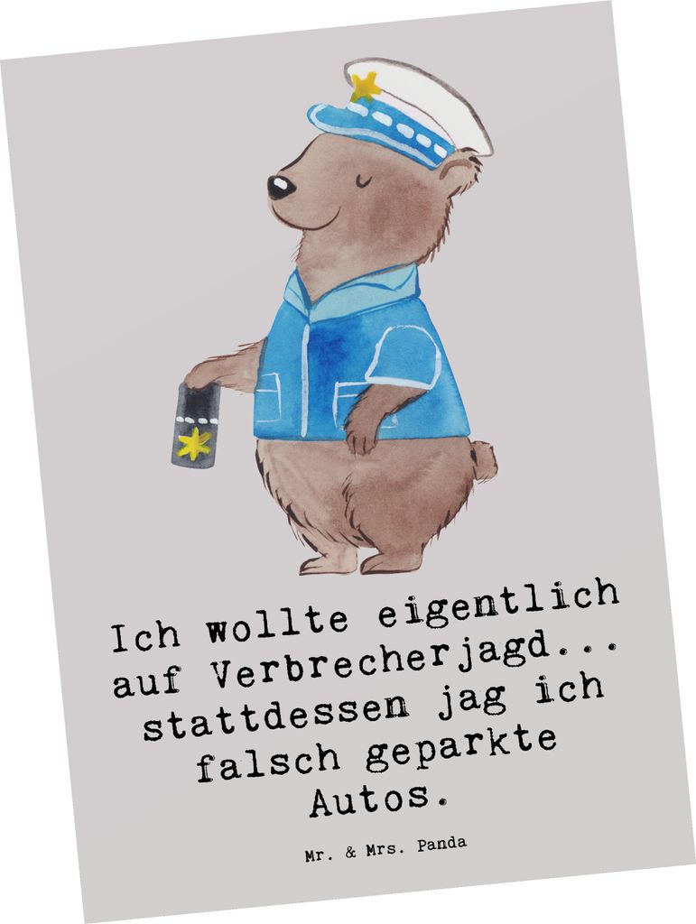 Mr. & Mrs. Panda Ansichtskarte Polizist im Alltag - Grau Pastell - Geschenk, Beruf, Postkarte, handgefertigte Geschenke, Dankbarkeit, Berufe, Ansic...