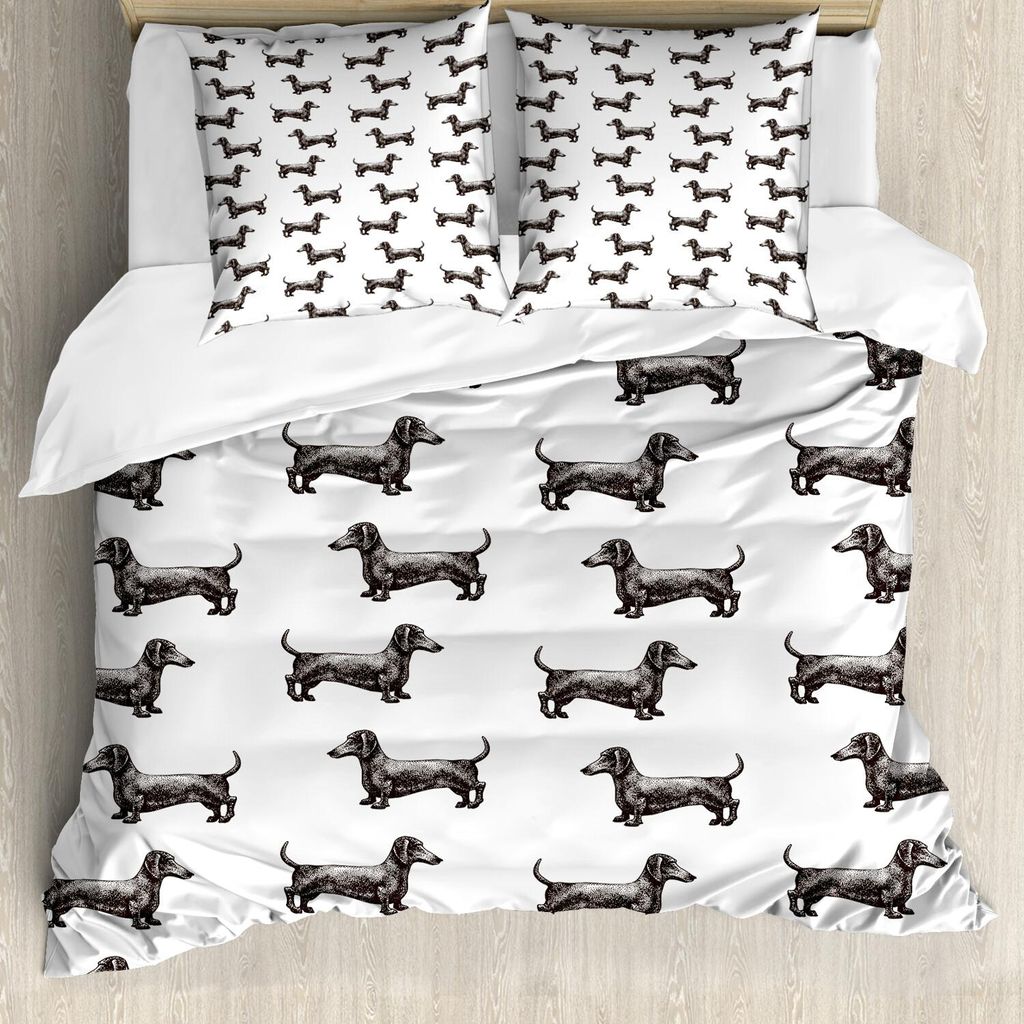 ABAKUHAUS Dackel Bettbezug Set, Musterlinien mit Kuchen und Wurst Dog Blick Verschiedene Richtungen, 155 x 220 cm + 80 x 80 cm, Dunkle Taupe Grau W...