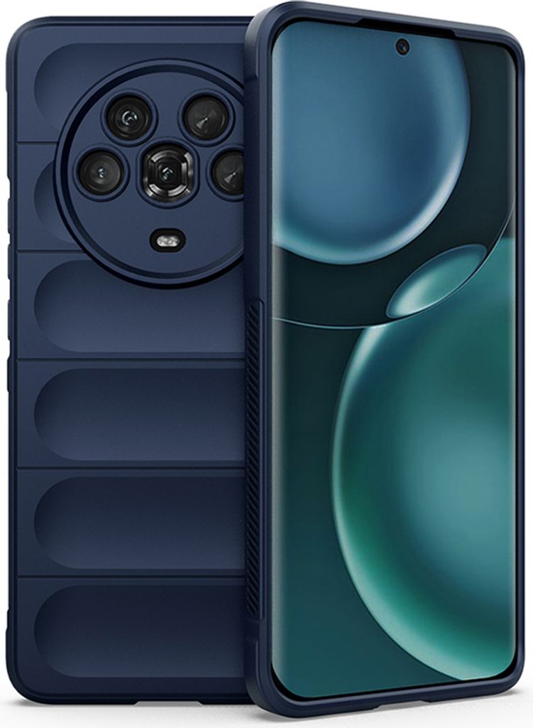 A dark blue phone case is shown next to a smartphone.