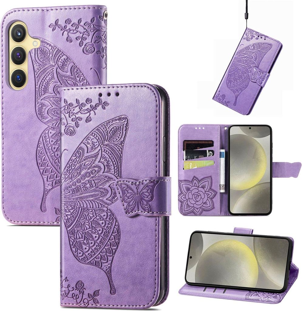 Für Samsung Galaxy S25 FE 5G Kunstleder Wallet Handy Tasche Schmetterling Design Hülle Etuis Hell-Lila