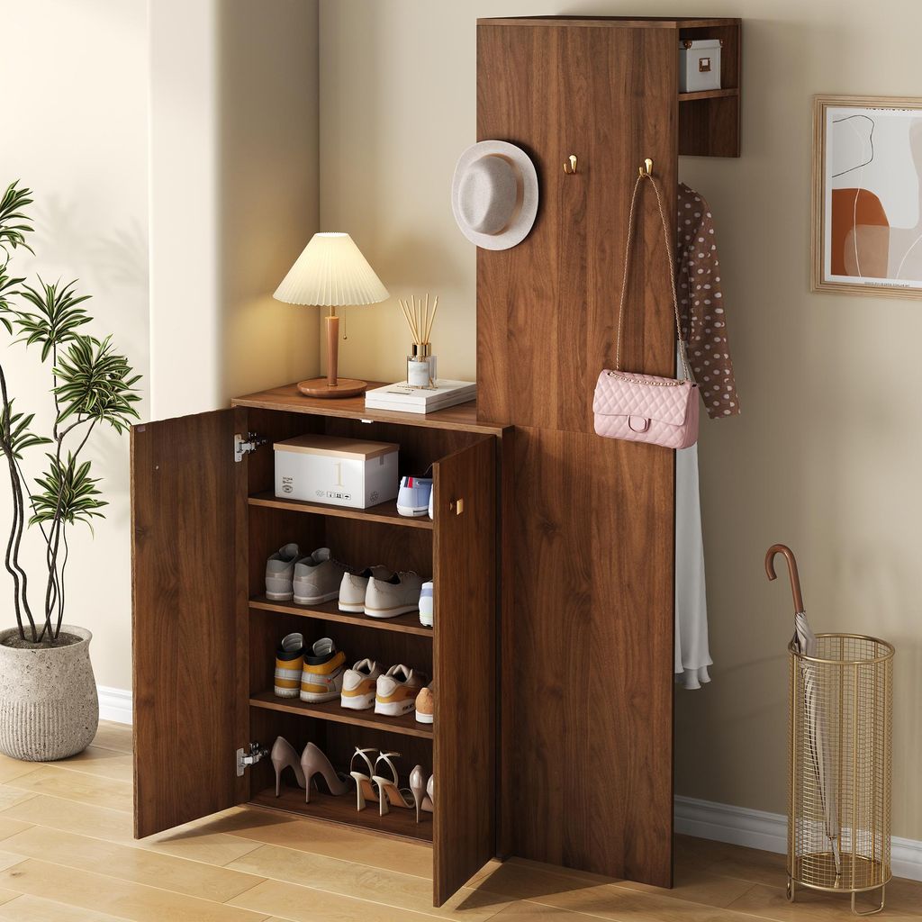 MODFU Kompaktgarderobe Multifunktionaler Garderobenschrank Vertikales Stauraumkonzept Schuhschrank Garderobe Mit Haken Und Kleiderstange Nussbaum