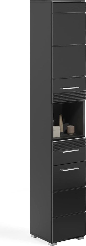 Rootz Linus Tall Bathroom Cabinet - Schwarz Hochglanz - Aufbewahrungsschrank - 30cm x 182cm x 31cm - Schlankes Design