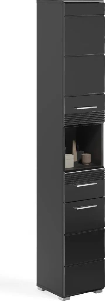 Colonne de rangement salle de bain Noir Brillant - Armoire haute 182cm