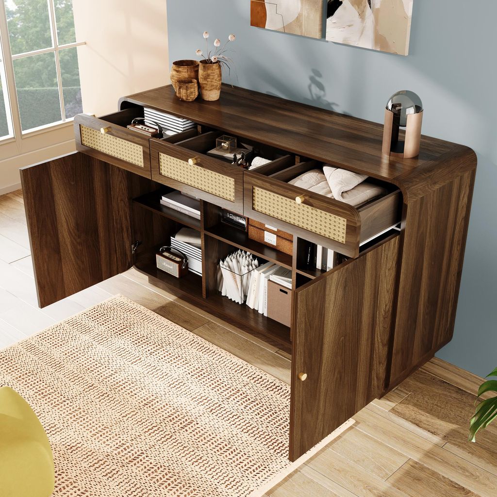 STILVORA 120 cm Sideboard-Kommode mit 3 Schubladen,2 Schränke und offenes Regal,Küchenschrank mit Rattanfront und Goldgriffen, Buffetschrank mit ...