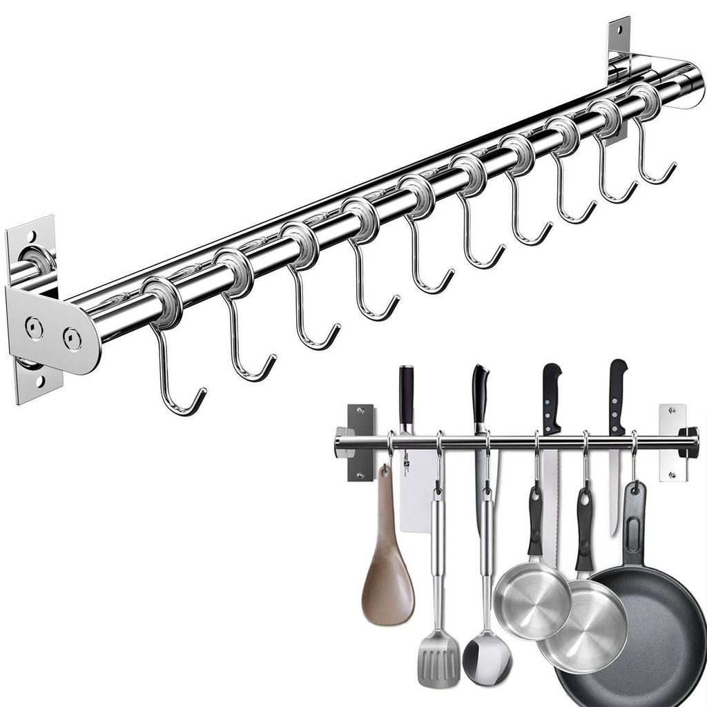 Hängeleiste Küchenreling, Küchenhakenleiste 12 Haken mit Messerhalter und Topfdeckel Halter, Edelstahl Doppelrohr,küche organizer,Rostfrei ,60 cm