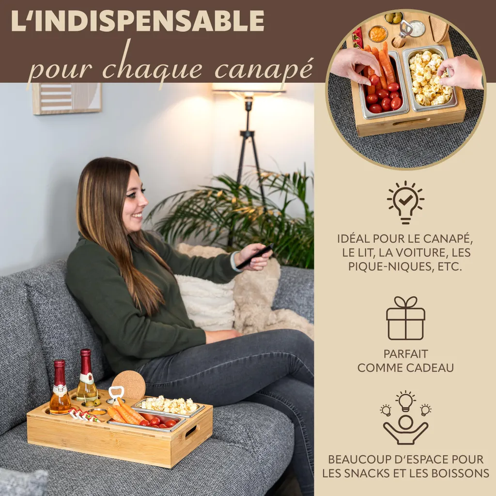 Bar de Salon eluno en Bambou Naturel et Coupelles Inox Amovibles 40cm