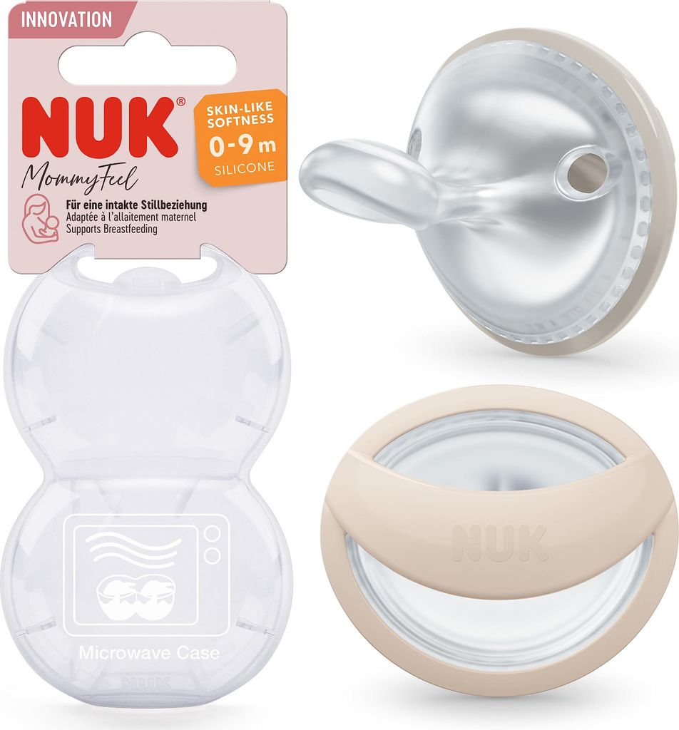 A collage of NUK MommyFeel pacifier components and packaging.