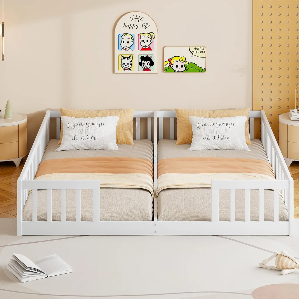 Lit en pin massif 90x200 cm blanc avec sommier à lattes et barrières