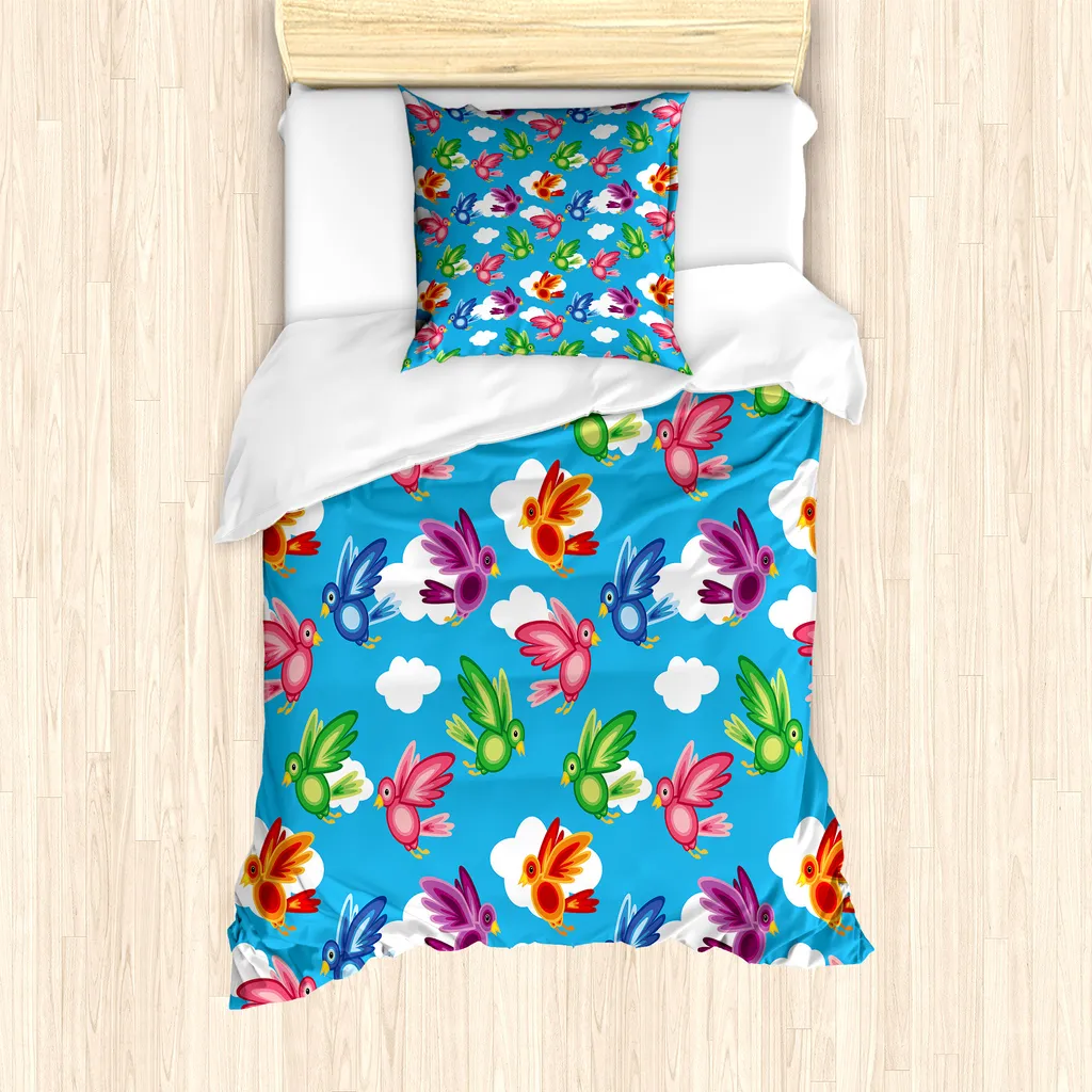 ABAKUHAUS Set copripiumino per letto singolo, Flying Birds Wolken Geist, antiacaro, adatto a chi soffre di allergie, con federa, 135 cm x 200 cm - 80 x 80 cm, blu cielo intenso multicolore