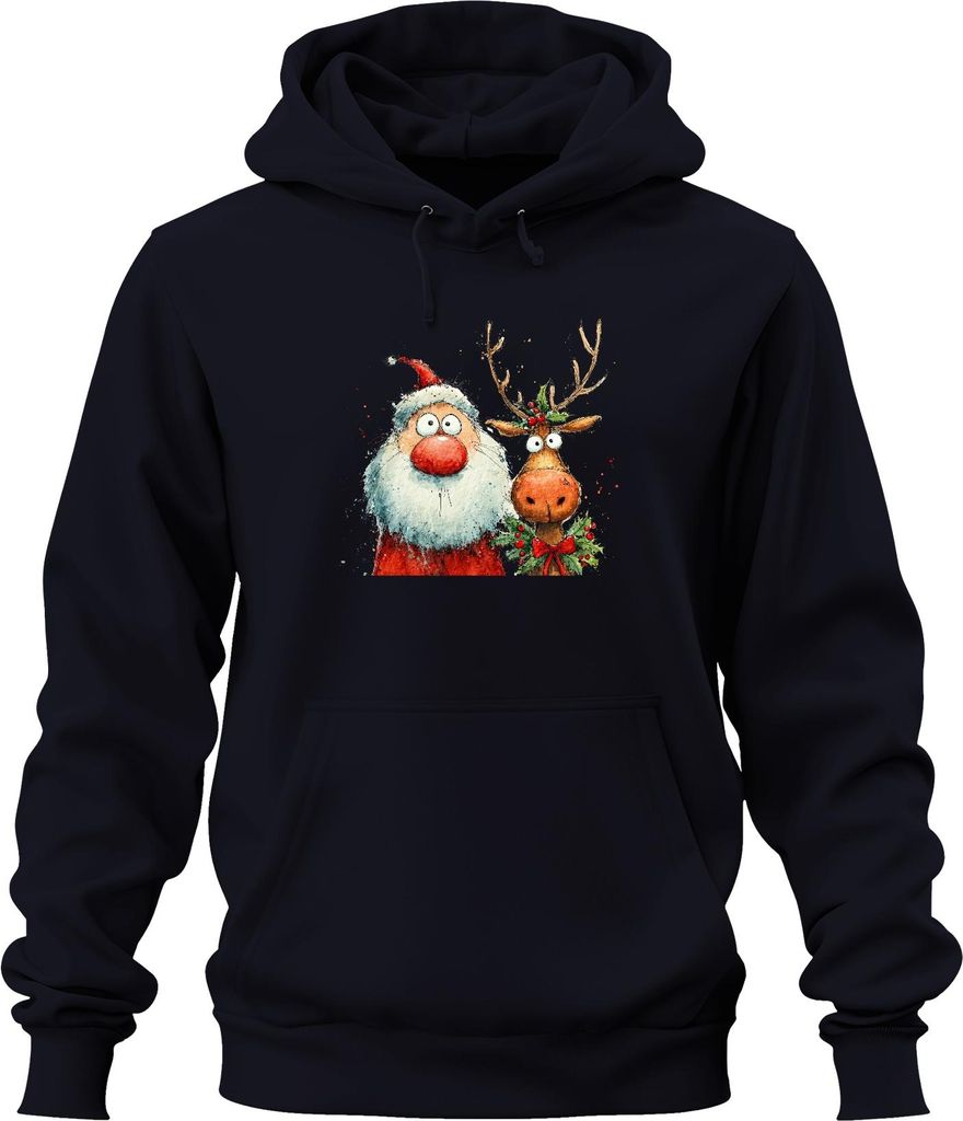 Lustiger Weihnachtsmann und Rentier Aquarell Weihnachten Geschenk Uni Hoodie Kapuzenpullover, Navy, S