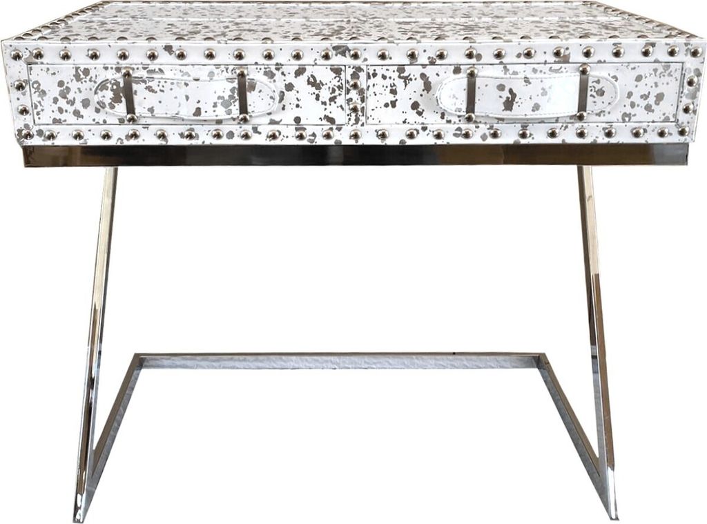 Casa Padrino Luxus Schreibtisch mit 2 Schubladen Weiß / Silber 110 x 50 x H75 Leder / Metall - Sekretär