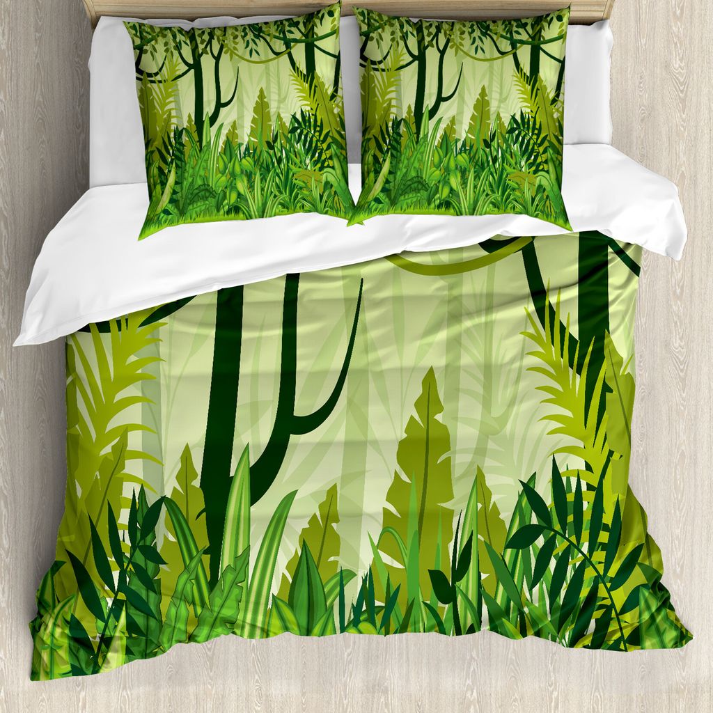 ABAKUHAUS Pflanze Bettbezug, Cartoon-Regenwald, Milbensicher Allergiker geeignet mit Kissenbezügen, 200 cm x 200 cm - 80 x 80 cm, Waldgrün