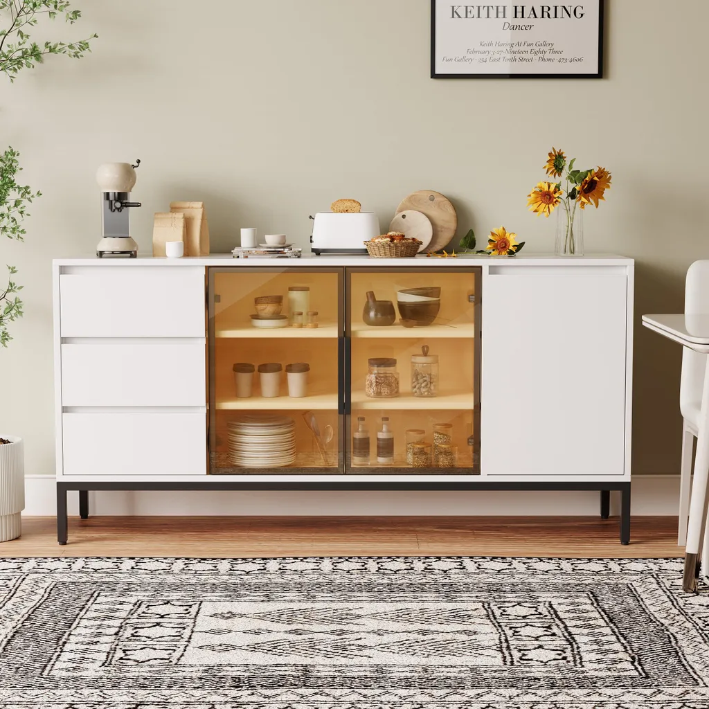 Buffet de Cuisine Blanc 160 cm, Commode avec Rangement de 80 cm Haut