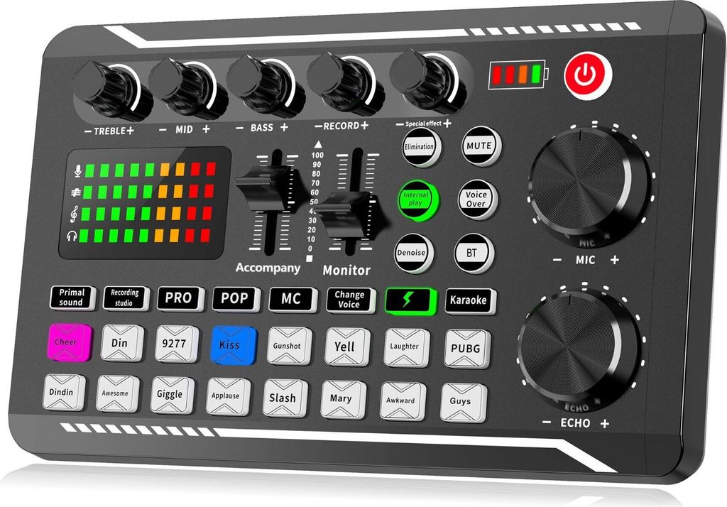ZELURXX Live-Soundkarte, Bluetooth-Sprachwechsler, Audio Mixer Multifunktionaler, für Live Streaming, Broadcast, Aufzeichnung, Schwarz