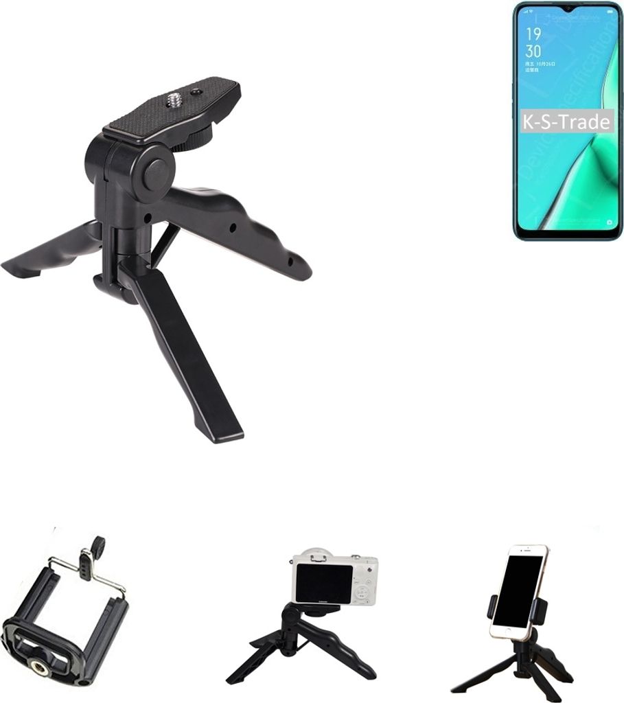 K-S-Trade Stativ Tisch-Ständer Dreibein Handy-Stativ Ständer kompatibel mit Oppo A11 Mini-Stativ Smartphone Tripod Handy-Stativ aus Plastik schwarz